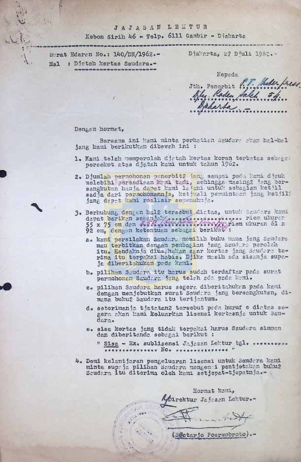 Surat edaran Yayasan Lektur No. 140/DN/1962 (27 Juli 1962)