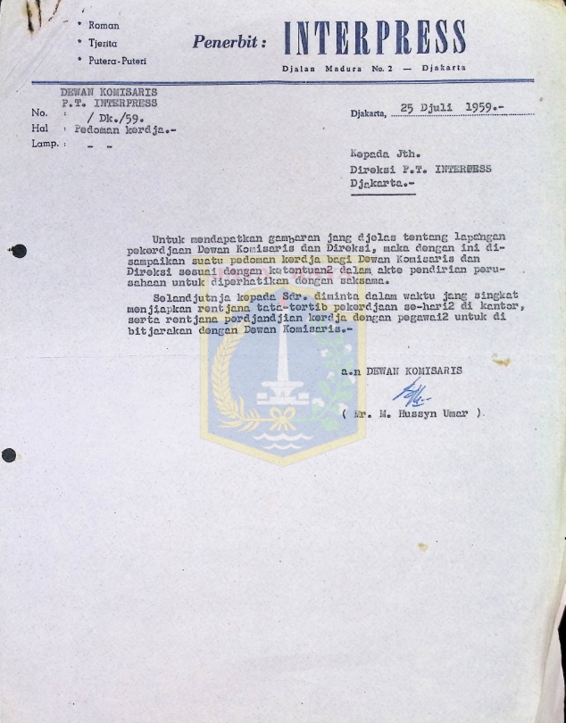 Surat dari M. Hussyn Umar untuk Direksi P.T. Interpress (25 Juli 1959)