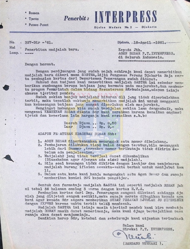 Surat dari Bambang Moenhari untuk Agen Besar P.T. Interpress di seluruh Indonesia (18 April 1961)