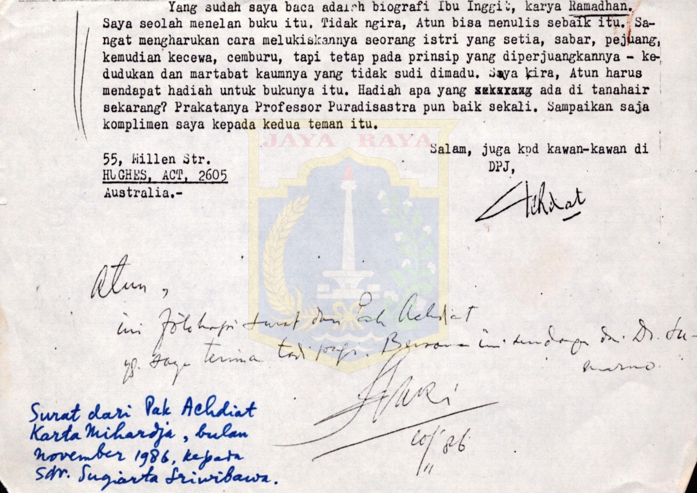 Surat dari Achdiat Karta Mihardja kepada Sugiarta Sriwibawa