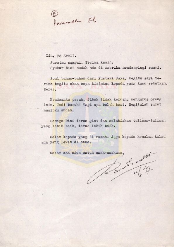 Surat dari Ramadhan K.H. kepada Dini