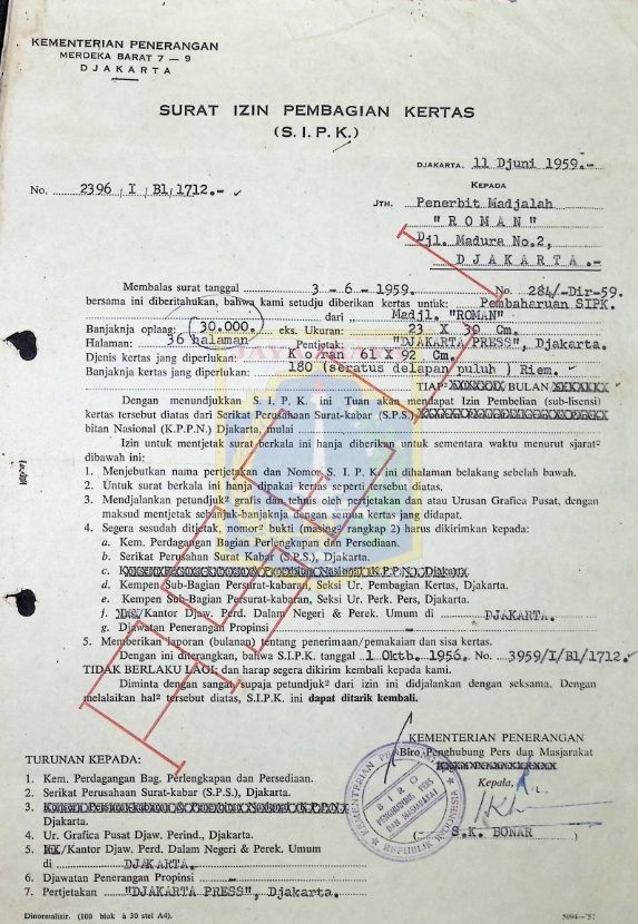 Surat izin pembagian kertas (S.I.P.K.) Penerbit Majalah "Roman" - 11 Juni 1959