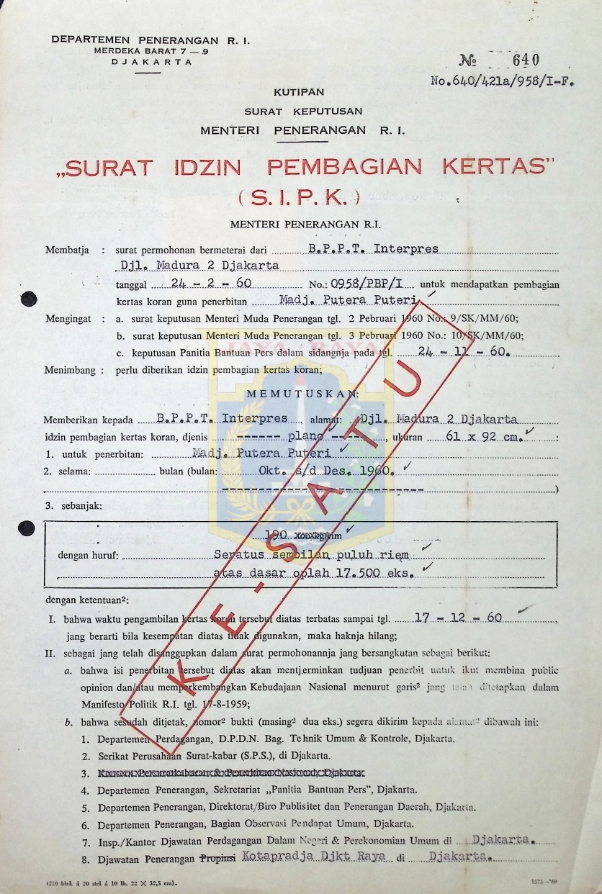 Surat izin pembagian kertas (S.I.P.K.) P.T. Interpress No. 640