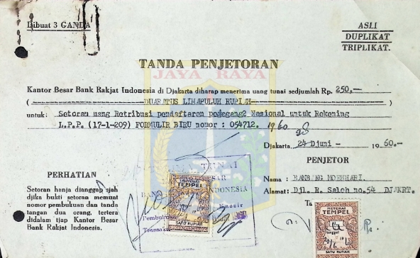 Surat-surat tanda penyetoran Bambang Moenhari (28 Juni 1960)