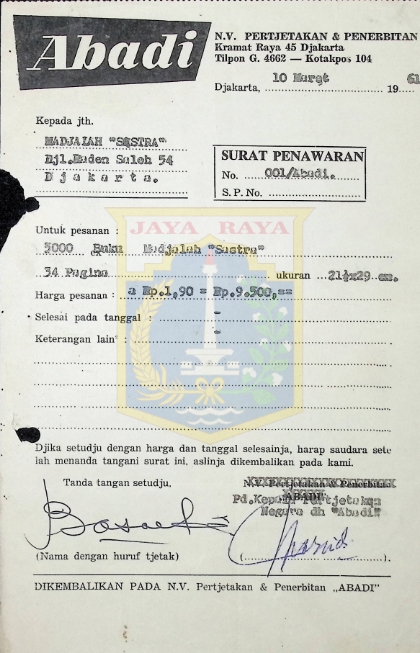 Surat penawaran N.V. Percetakan & Penerbitan Abadi kepada Majalah "Sastra" (10 Maret 1961)
