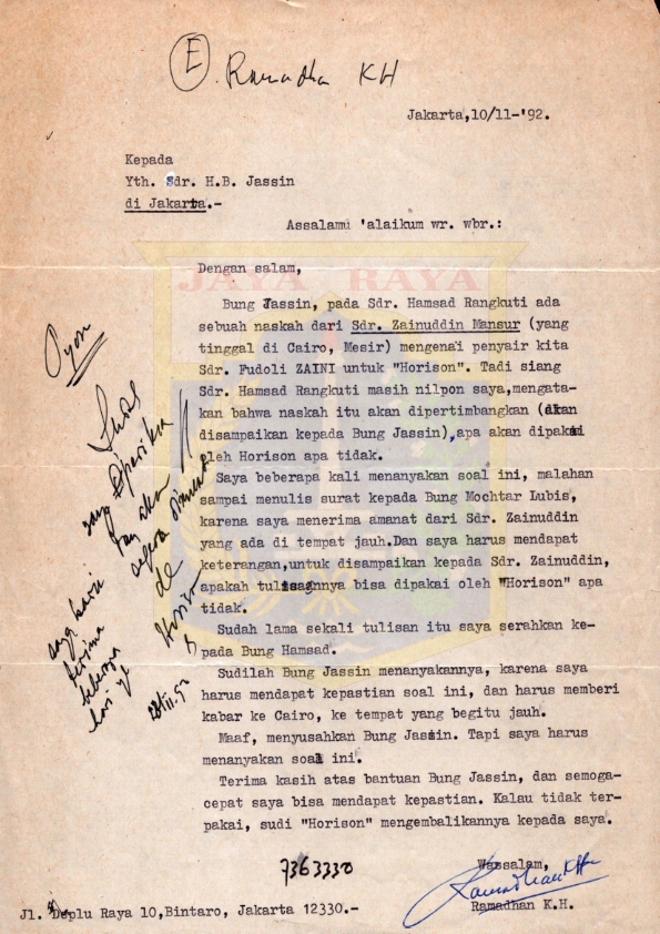 Surat dari Ramadhan K.H. kepada H.B. Jassin : 1992