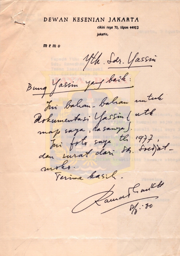 Surat dari Ramadhan K.H. kepada H.B. Jassin mengenai dokumentasi