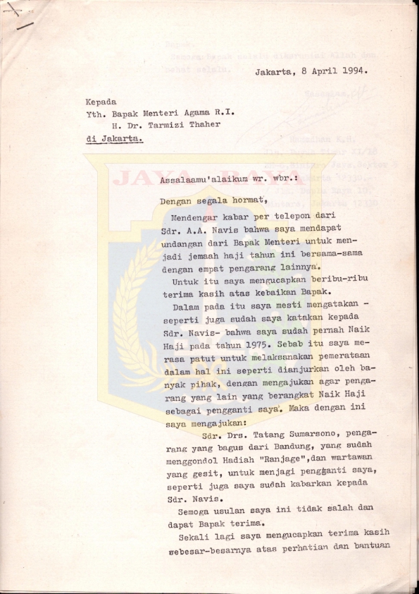 Surat dari Ramadhan K.H. kepada Tarmizi Thaher