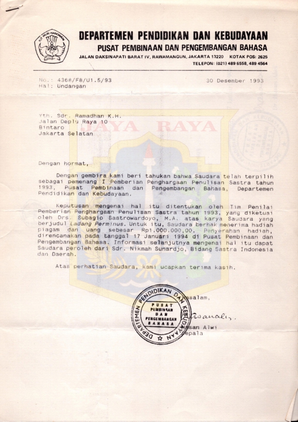Surat dari Hasan Alwi kepada Ramadhan K.H.