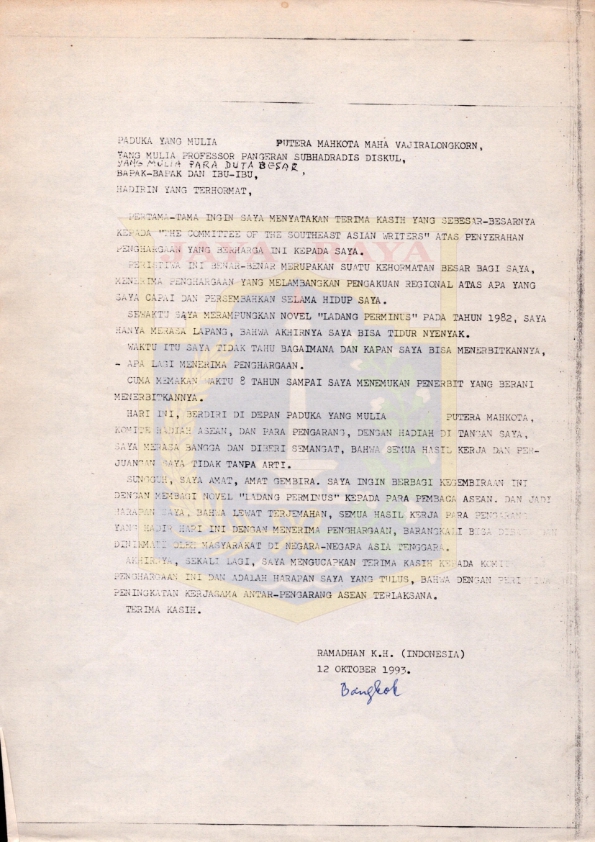 Surat dari Ramadhan K.H. kepada Putera Mahkota Maha Vajiralongkorn