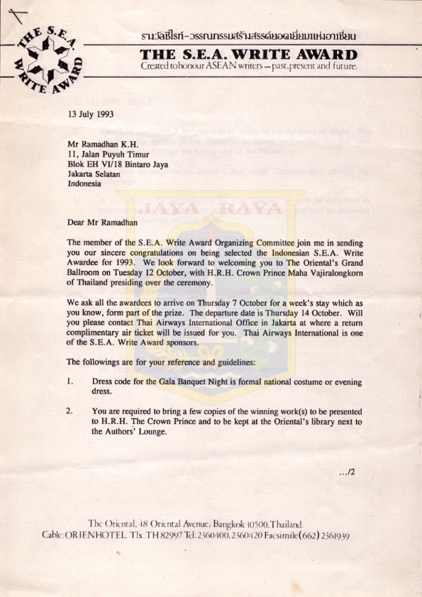 Surat dari Kurt Wachtveitl kepada Ramadhan K.H.