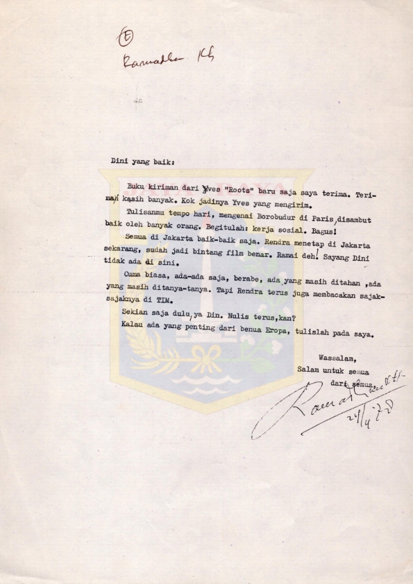 Surat dari Ramadhan K.H. mengenai kiriman buku