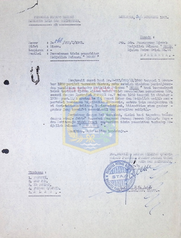 Surat dari Penguasa Perang Daerah Djakarta Raya dan Sekitarnya untuk penanggung jawab majalah bulanan "Roman" (24 Januari 1961)