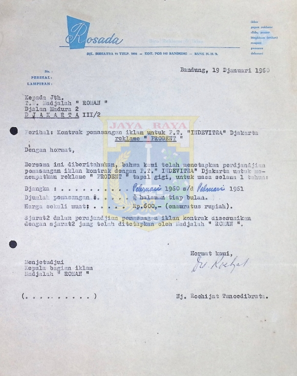 Surat dari Rosada Biro Reklame & Iklan untuk TU Majalah "Roman" (19 Januari 1960)