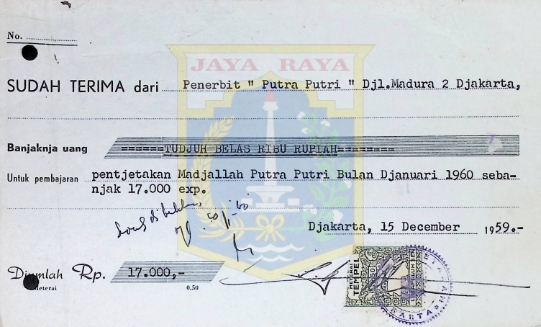 Surat tanda terima Penebit Putra Putri (15 Desember 1959)
