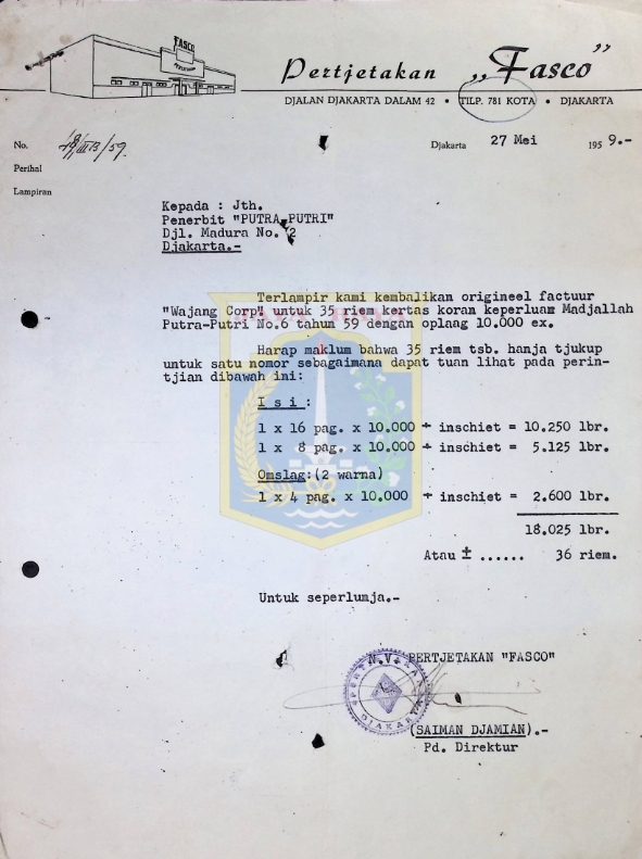 Surat dari Percetakan Fasco untuk Penerbit "Putera-Puteri" (27 Mei 1959)
