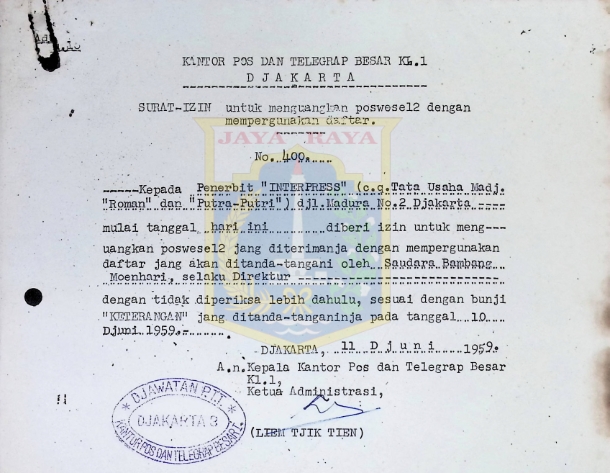 Surat izin untuk menguangkan poswesel2 dengan mempergunakan daftar (11 Juni 1959)
