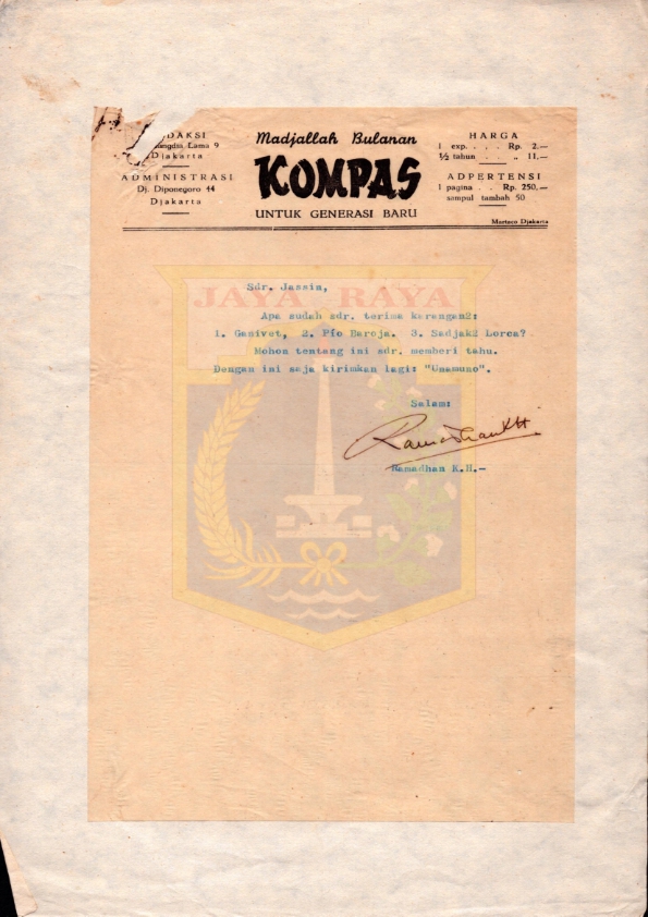 Surat dari Ramadhan K.H. kepada H.B. Jassin mengenai kiriman karangan