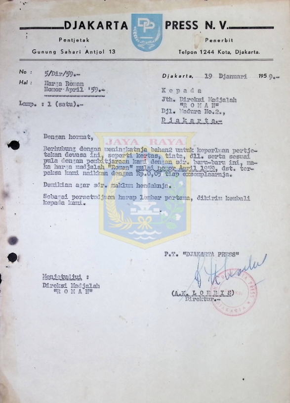 Surat dari A.K. Loebis untuk Direksi Majalah "Roman" (19 Januari 1959)