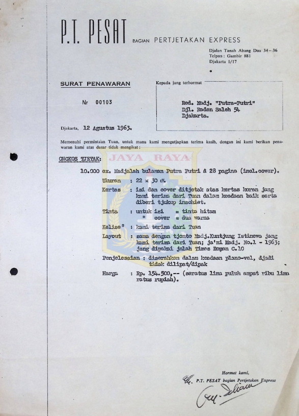 Surat untuk Redaksi Majalah "Putra-Putri" dari P.T. Pesat (12 Agustus 1963)