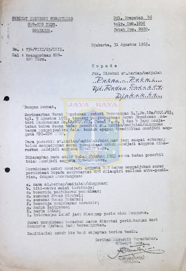 Surat untuk Direksi Majalah Putra-Putri dari Soemantoro (31 Agustus 1963)