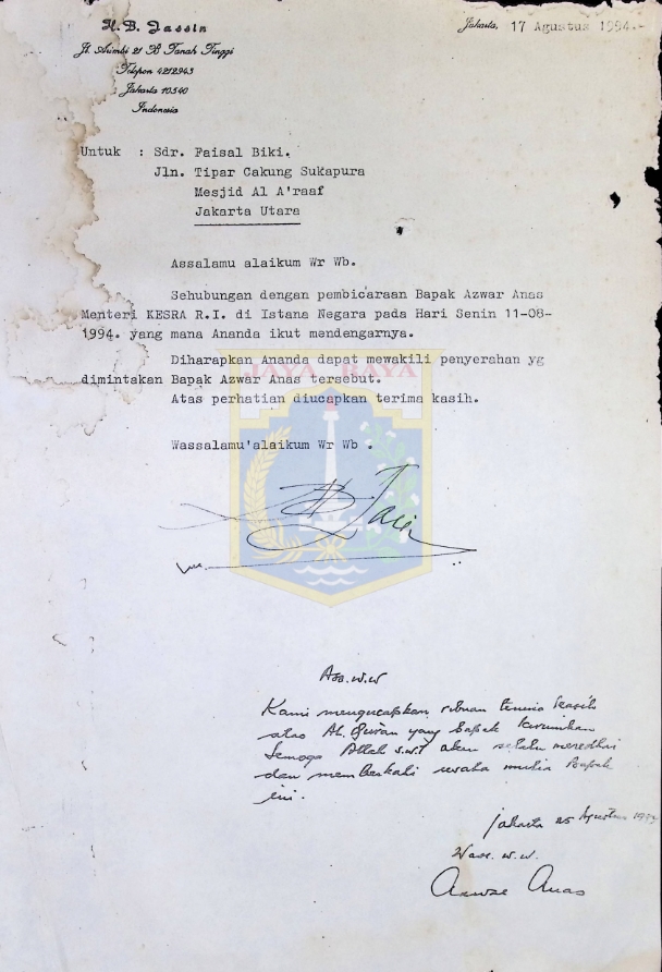 Surat dari HB. Jassin untuk Faisal Biki (17 Agustus 1994)