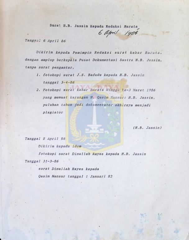 Surat H.B. Jassin kepada Redaksi Barata (6 April 1986)