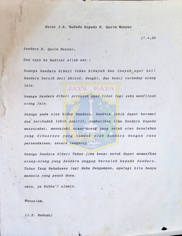 Surat J.S. Badudu kepada H. Qasim Mansur (17 April 1979)