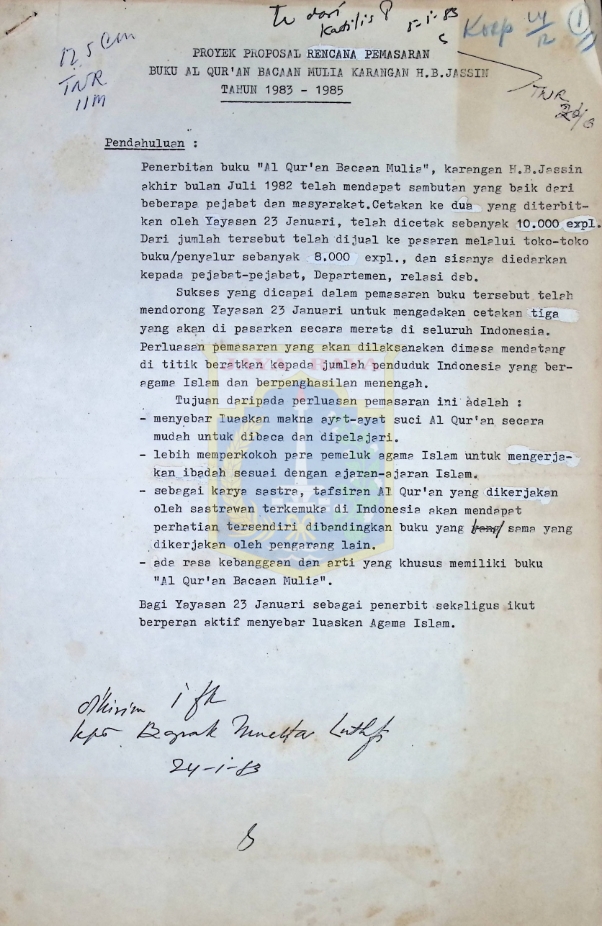 Proyek proposal rencana pemasaran Buku Al Qur'an Bacaan Mulia karangan H.B. Jassin tahun 1983-1985