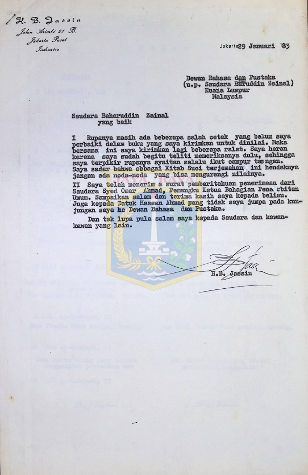 Surat dari HB. Jassin untuk Baharuddin Zainal (29 Januari 1983)
