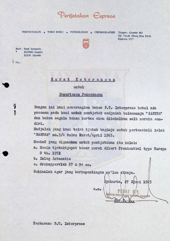 Surat Keterangan dari Percetakan Express untuk Departemen Penerangan