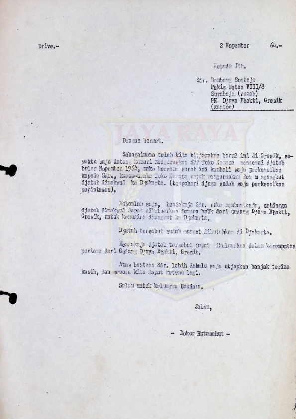 Surat prive dari Bokor Hutasuhut kepada Bambang Soetejo