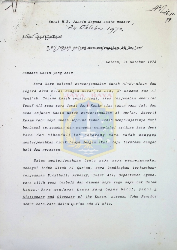 Surat H.B. Jassin kepada Kasim Mansur (24 Oktober 1972)
