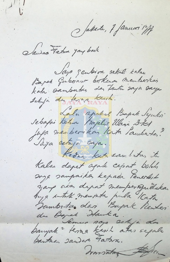 Surat tulisan tangan H.B. Jassin untuk A.M. Fatwa (7 Januari 1977)