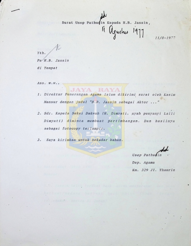Surat Usep Pathudin kepada H.B. Jassin (11 Agustus 1977)