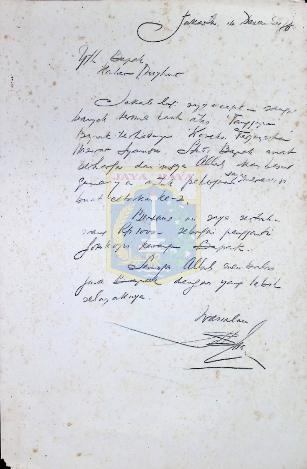 Surat tulisan tangan HB. Jassin untuk Kahar Masyhur (14 Desember 1978)