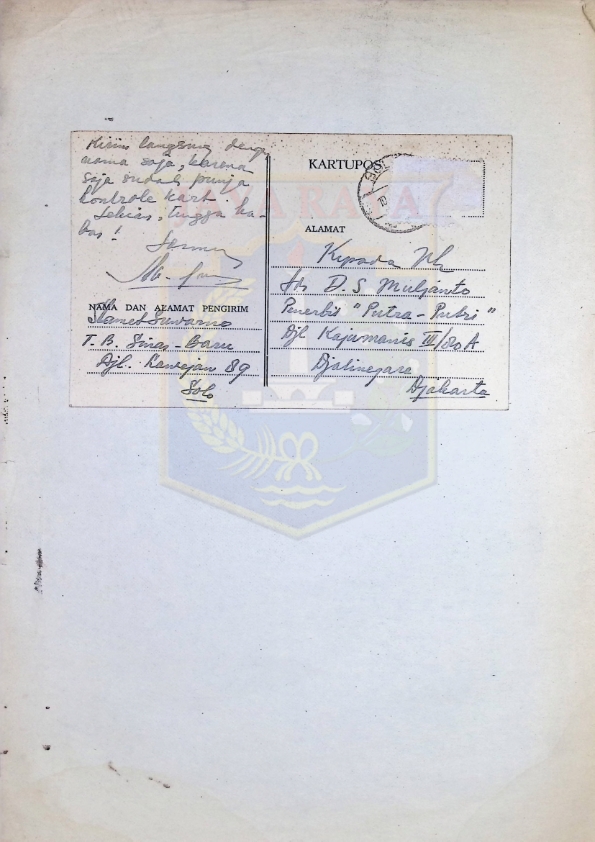 Kartu pos dari H. B. Jassin kepada D.S . Moeljanto