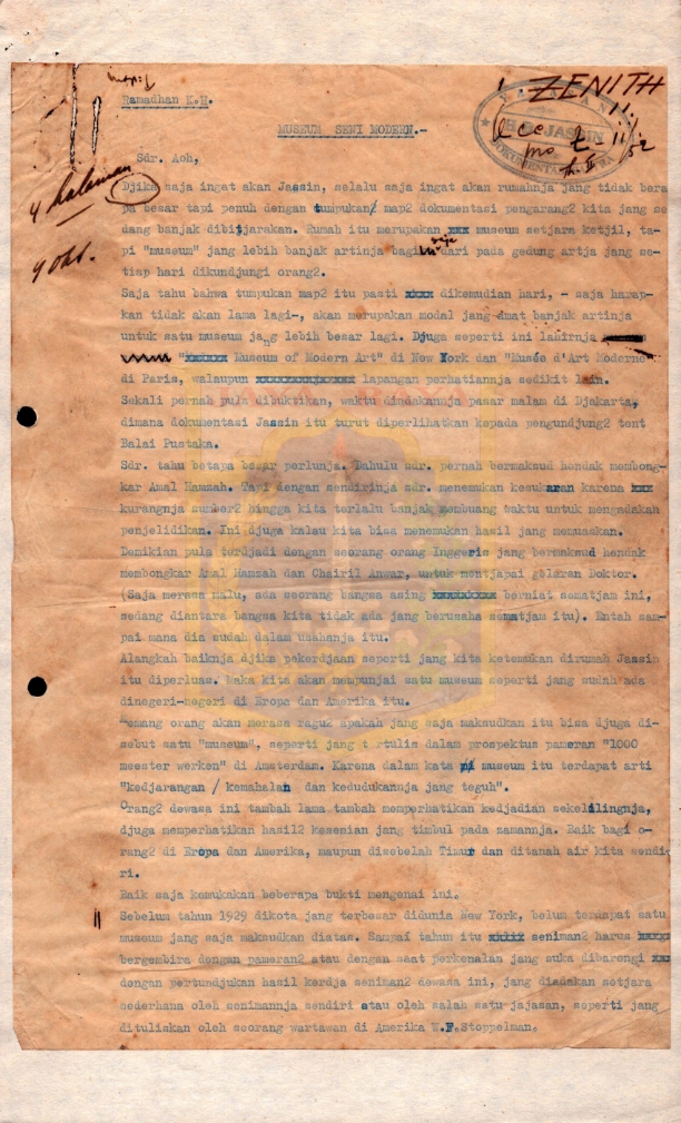 Surat dari Ramadhan K.H. kepada Aoh mengenai museum seni modern