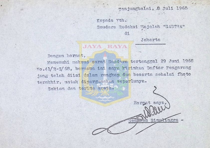 Surat Sentosa Sinulingga kepada Redaksi Majalah Sastra