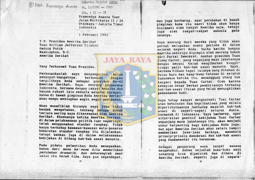 Surat dari Pramoedya Ananta Toer untuk presiden Amerika Serikat tuan William Jefferson Clinton