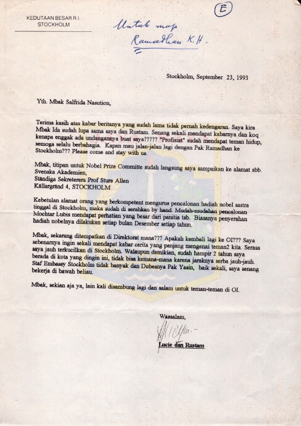 Surat dari Lucie dan Rustam kepada Salfrida Nasution