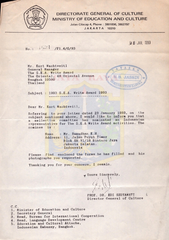 Surat dari Edy Sedyawati kepada Kurt Wachtveitl, 8 juli