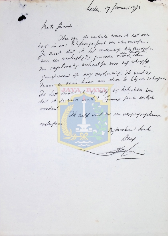 Surat tulisan tangan H.B. Jassin dalam Bahasa Belanda (17 Januari 1973)
