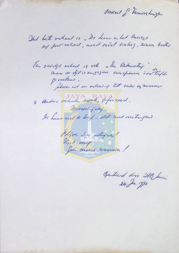 Surat tulisan tangan H.B. Jassin dalam Bahasa Belanda (24 Januari 1973)