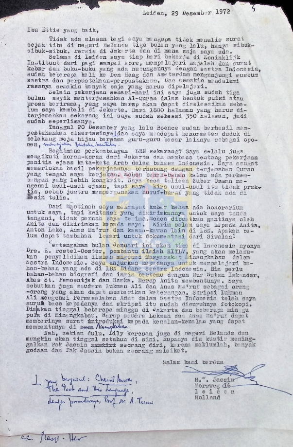 Surat dari H.B. Jassin untuk Ibu Ettie (29 Desember 1972)