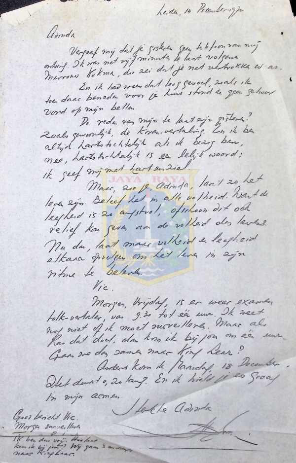 Surat tulisan tangan H.B. Jassin untuk Adinda (14 Desember 1972)