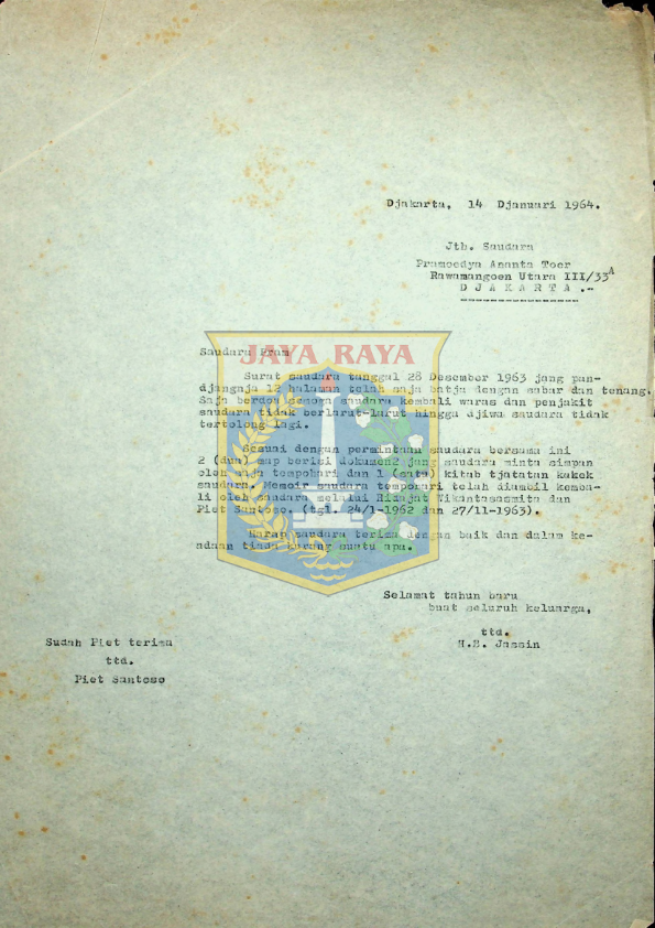 Surat balasan dari H.B. Jassin untuk Pramoedya Ananta Toer