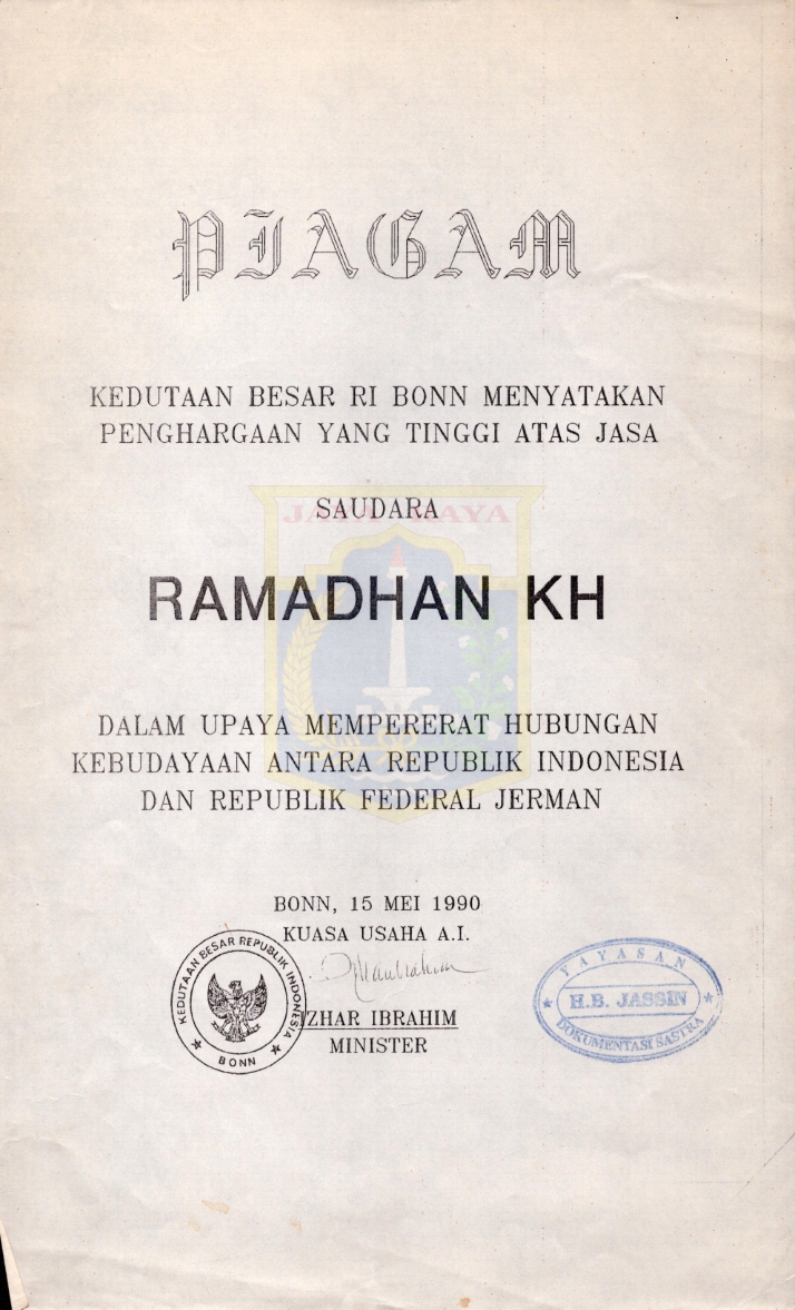 Piagam dari kedutaan besar RI BONN untuk Ramadhan K.H.