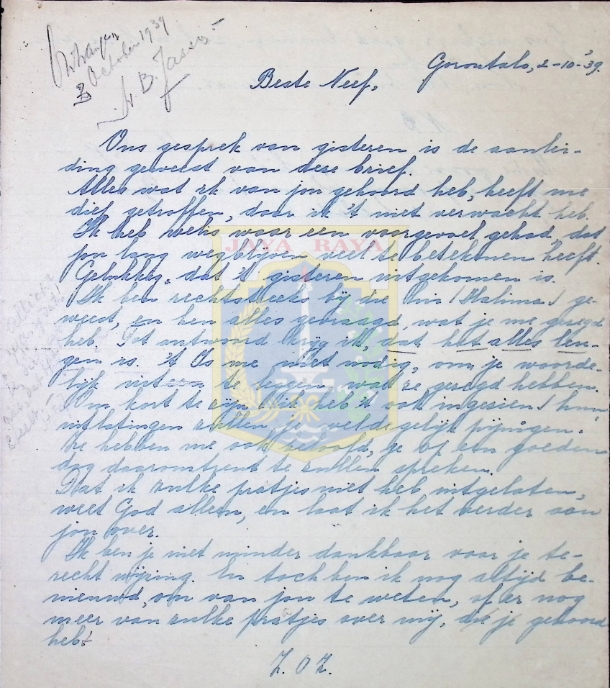 Surat tulisan tangan dalam Bahasa Belanda (2 Oktober 1939)