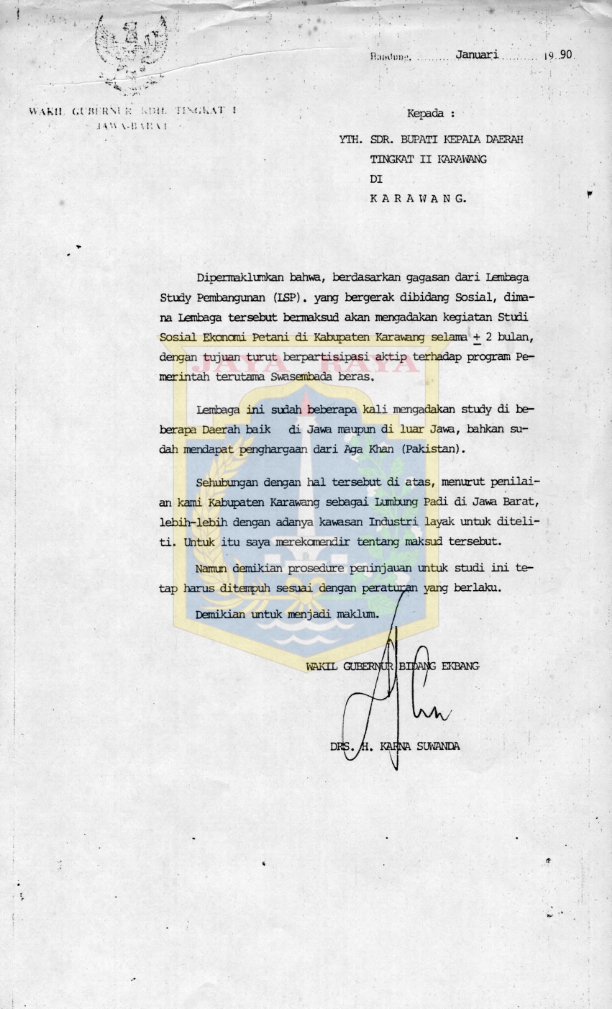Surat dari wakil gubernur bidang ekbang kepada bupati kepala daerah tingkat II Karawang